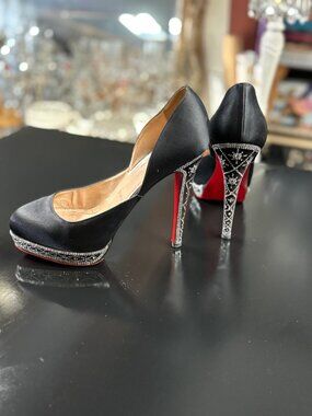 Christian Louboutin Eugenie satin pumps with Swarovski Crystals on trim and heel